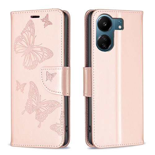 Leather Case Stands Butterfly Flip Cover Holder B01F for Xiaomi Poco C65 Rose Gold