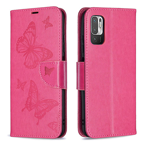 Leather Case Stands Butterfly Flip Cover Holder B01F for Xiaomi POCO M3 Pro 5G Hot Pink