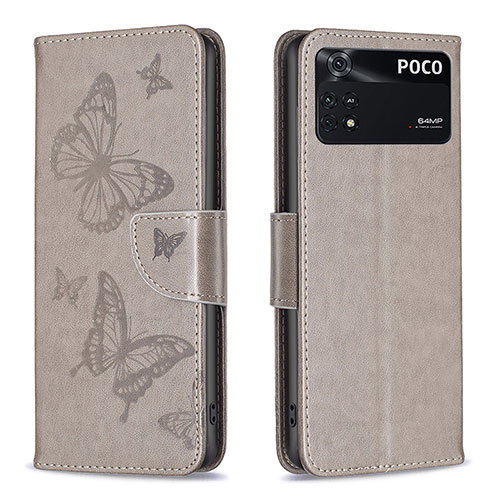 Leather Case Stands Butterfly Flip Cover Holder B01F for Xiaomi Poco M4 Pro 4G Gray