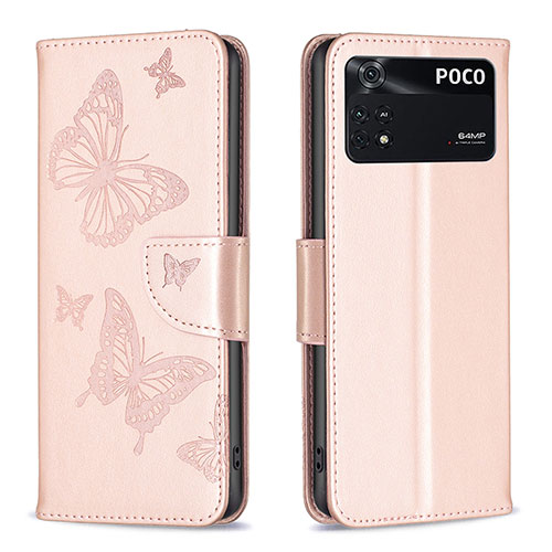 Leather Case Stands Butterfly Flip Cover Holder B01F for Xiaomi Poco M4 Pro 4G Rose Gold