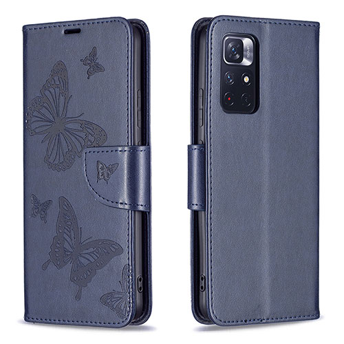 Leather Case Stands Butterfly Flip Cover Holder B01F for Xiaomi Poco M4 Pro 5G Blue