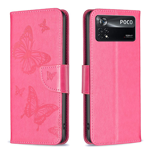Leather Case Stands Butterfly Flip Cover Holder B01F for Xiaomi Poco X4 Pro 5G Hot Pink