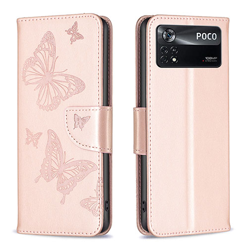 Leather Case Stands Butterfly Flip Cover Holder B01F for Xiaomi Poco X4 Pro 5G Rose Gold