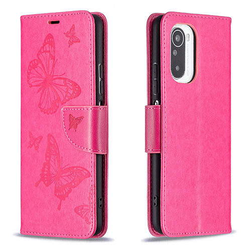 Leather Case Stands Butterfly Flip Cover Holder B01F for Xiaomi Redmi K40 5G Hot Pink