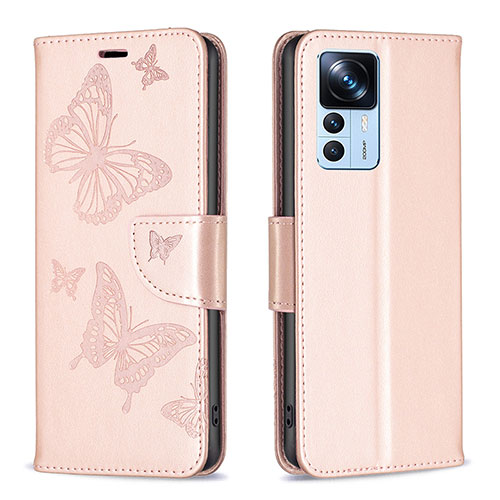 Leather Case Stands Butterfly Flip Cover Holder B01F for Xiaomi Redmi K50 Ultra 5G Rose Gold