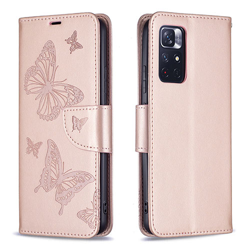 Leather Case Stands Butterfly Flip Cover Holder B01F for Xiaomi Redmi Note 11 5G Rose Gold