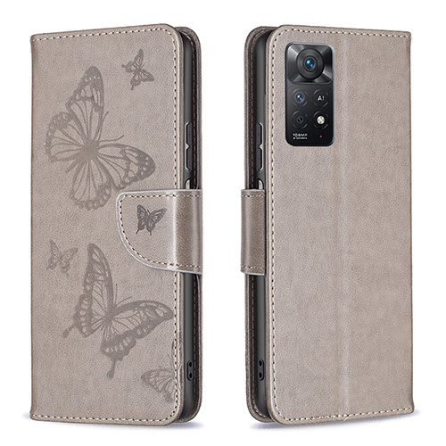 Leather Case Stands Butterfly Flip Cover Holder B01F for Xiaomi Redmi Note 11 Pro 4G Gray