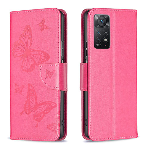 Leather Case Stands Butterfly Flip Cover Holder B01F for Xiaomi Redmi Note 11 Pro 4G Hot Pink