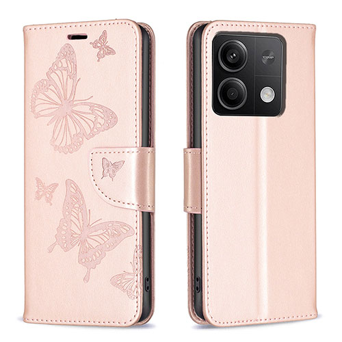 Leather Case Stands Butterfly Flip Cover Holder B01F for Xiaomi Redmi Note 13 5G Rose Gold