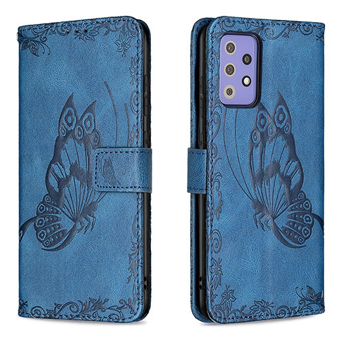 Leather Case Stands Butterfly Flip Cover Holder B02F for Samsung Galaxy A72 4G Blue