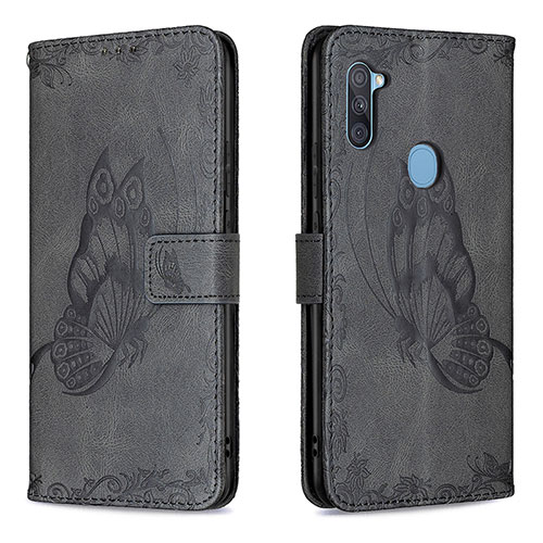 Leather Case Stands Butterfly Flip Cover Holder B02F for Samsung Galaxy M11 Black