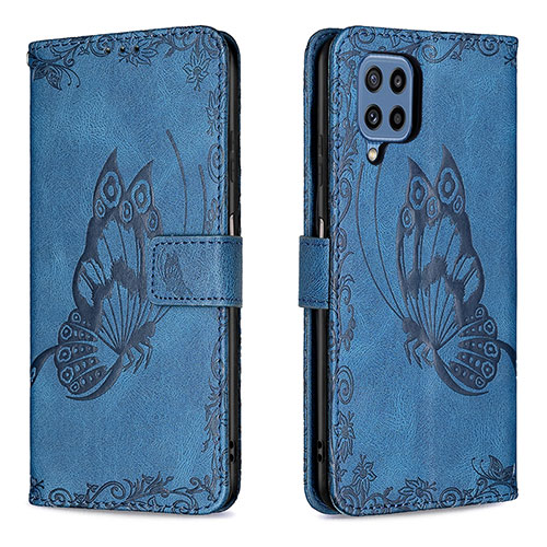 Leather Case Stands Butterfly Flip Cover Holder B02F for Samsung Galaxy M32 4G Blue