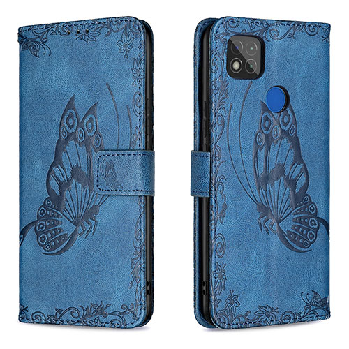 Leather Case Stands Butterfly Flip Cover Holder B02F for Xiaomi POCO C3 Blue