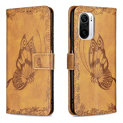 Leather Case Stands Butterfly Flip Cover Holder B02F for Xiaomi Poco F3 5G Brown