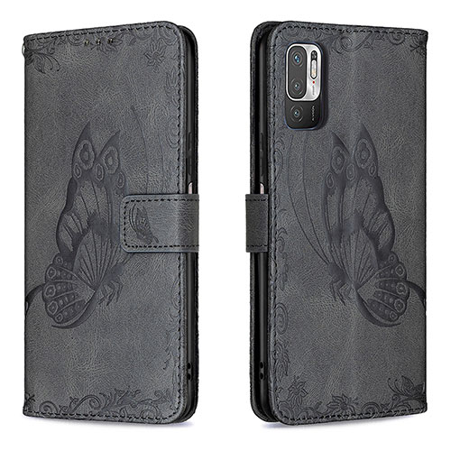 Leather Case Stands Butterfly Flip Cover Holder B02F for Xiaomi POCO M3 Pro 5G Black