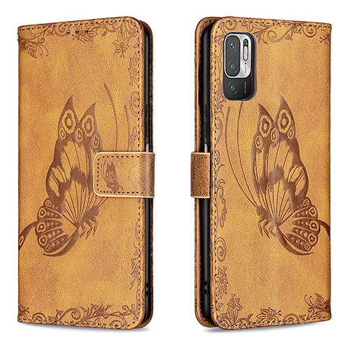 Leather Case Stands Butterfly Flip Cover Holder B02F for Xiaomi POCO M3 Pro 5G Brown