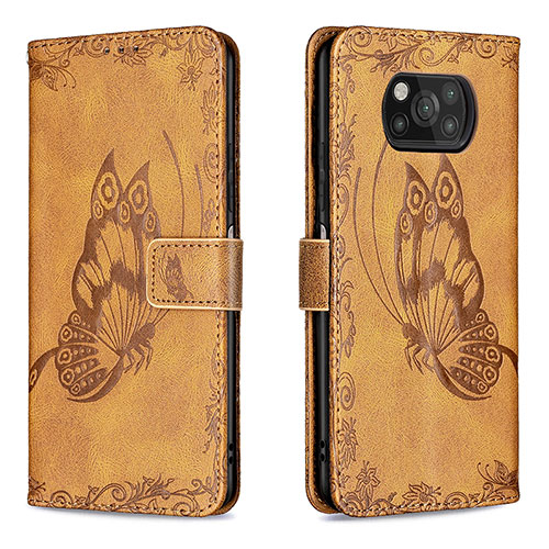 Leather Case Stands Butterfly Flip Cover Holder B02F for Xiaomi Poco X3 NFC Brown