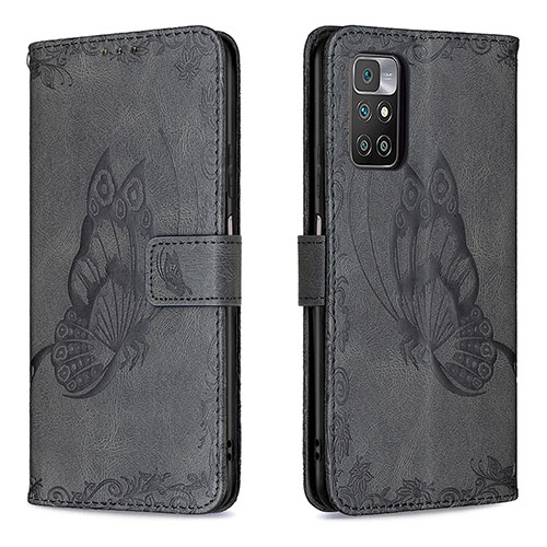 Leather Case Stands Butterfly Flip Cover Holder B02F for Xiaomi Redmi 10 4G Black