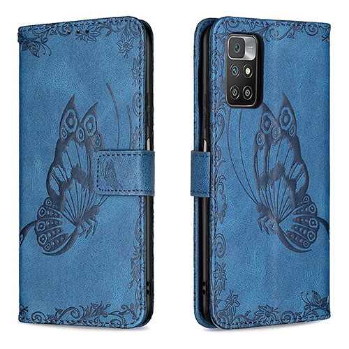 Leather Case Stands Butterfly Flip Cover Holder B02F for Xiaomi Redmi 10 4G Blue