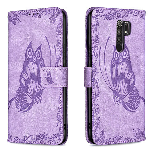 Leather Case Stands Butterfly Flip Cover Holder B02F for Xiaomi Redmi 9 Clove Purple