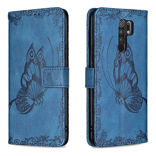 Leather Case Stands Butterfly Flip Cover Holder B02F for Xiaomi Redmi 9 Prime India Blue