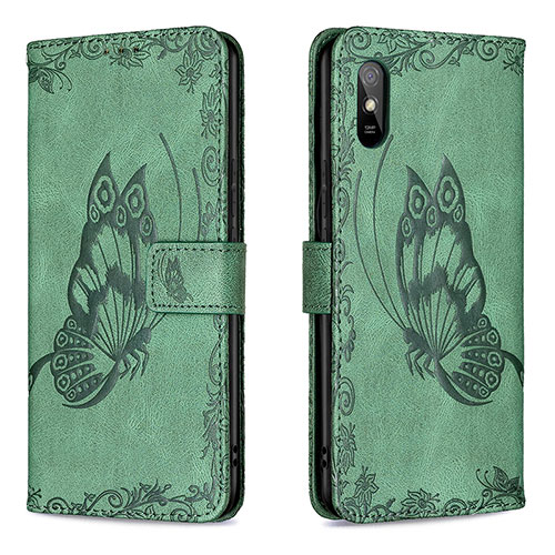 Leather Case Stands Butterfly Flip Cover Holder B02F for Xiaomi Redmi 9A Green