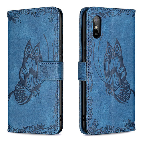 Leather Case Stands Butterfly Flip Cover Holder B02F for Xiaomi Redmi 9i Blue