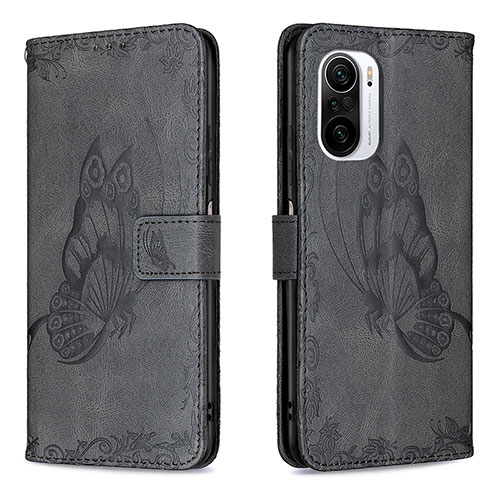 Leather Case Stands Butterfly Flip Cover Holder B02F for Xiaomi Redmi K40 5G Black