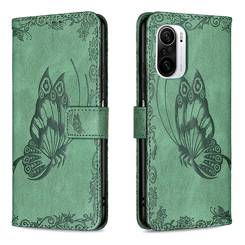 Leather Case Stands Butterfly Flip Cover Holder B02F for Xiaomi Redmi K40 5G Green