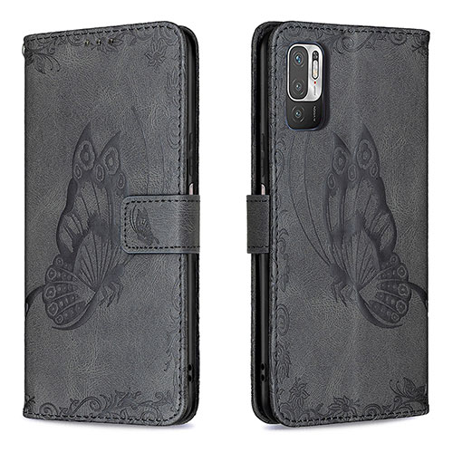Leather Case Stands Butterfly Flip Cover Holder B02F for Xiaomi Redmi Note 10 5G Black