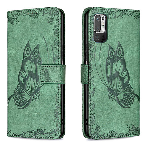 Leather Case Stands Butterfly Flip Cover Holder B02F for Xiaomi Redmi Note 10 5G Green