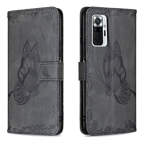 Leather Case Stands Butterfly Flip Cover Holder B02F for Xiaomi Redmi Note 10 Pro 4G Black