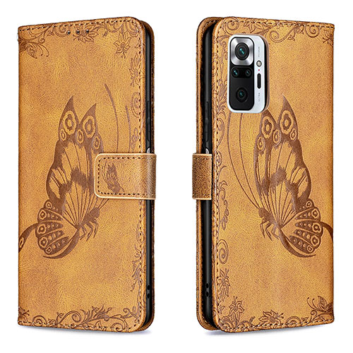 Leather Case Stands Butterfly Flip Cover Holder B02F for Xiaomi Redmi Note 10 Pro 4G Brown