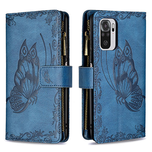 Leather Case Stands Butterfly Flip Cover Holder B02F for Xiaomi Redmi Note 10S 4G Blue