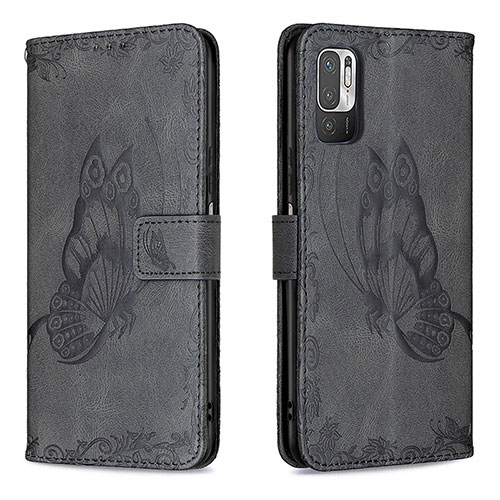 Leather Case Stands Butterfly Flip Cover Holder B02F for Xiaomi Redmi Note 10T 5G Black