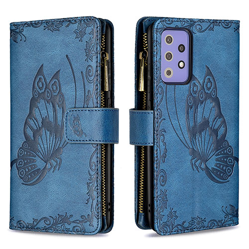 Leather Case Stands Butterfly Flip Cover Holder B03F for Samsung Galaxy A72 4G Blue