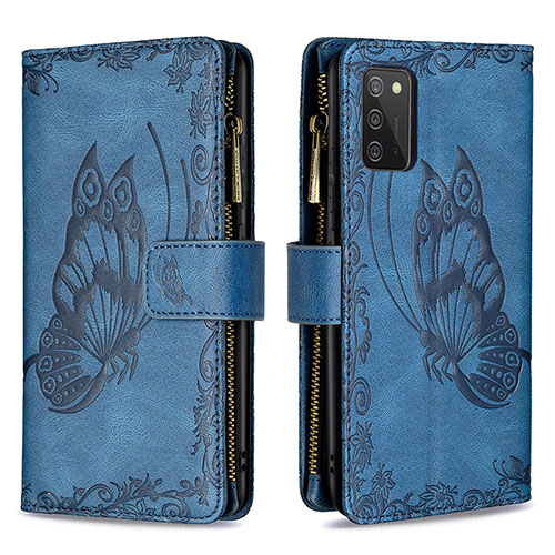 Leather Case Stands Butterfly Flip Cover Holder B03F for Samsung Galaxy F02S SM-E025F Blue