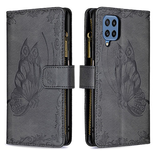 Leather Case Stands Butterfly Flip Cover Holder B03F for Samsung Galaxy M32 4G Black