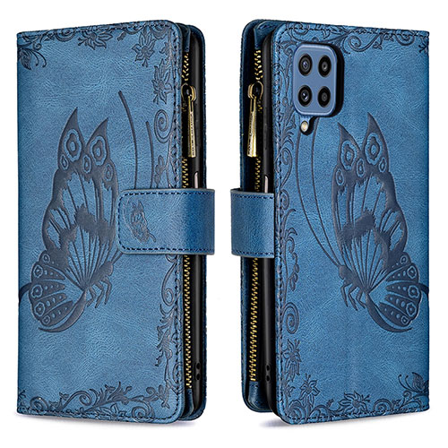 Leather Case Stands Butterfly Flip Cover Holder B03F for Samsung Galaxy M32 4G Blue