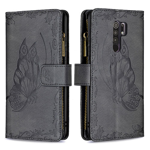 Leather Case Stands Butterfly Flip Cover Holder B03F for Xiaomi Redmi 9 Black