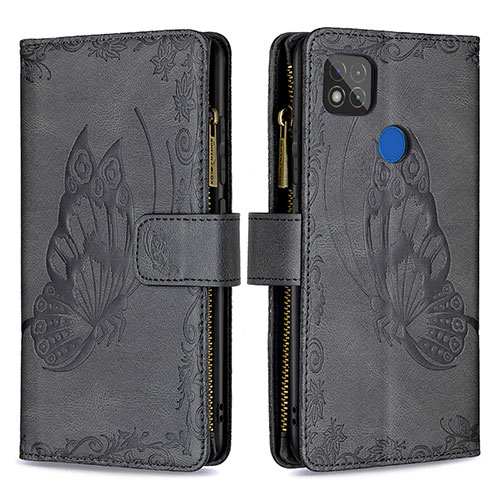 Leather Case Stands Butterfly Flip Cover Holder B03F for Xiaomi Redmi 9 India Black