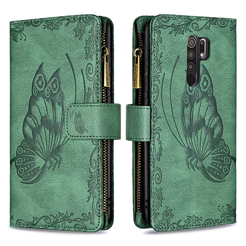 Leather Case Stands Butterfly Flip Cover Holder B03F for Xiaomi Redmi 9 Prime India Green