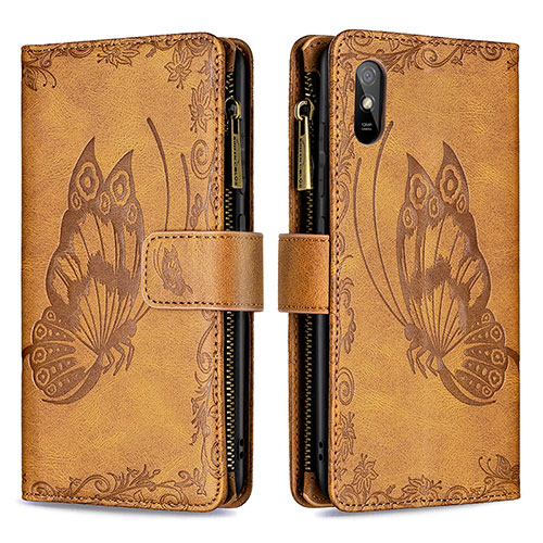 Leather Case Stands Butterfly Flip Cover Holder B03F for Xiaomi Redmi 9A Brown