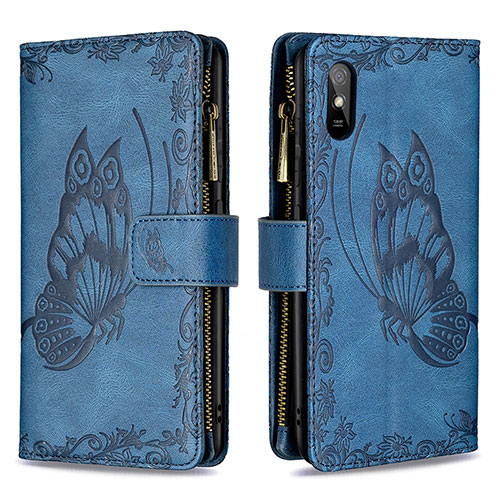 Leather Case Stands Butterfly Flip Cover Holder B03F for Xiaomi Redmi 9i Blue