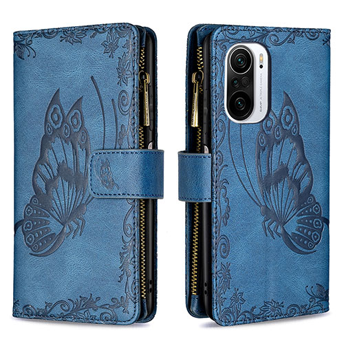 Leather Case Stands Butterfly Flip Cover Holder B03F for Xiaomi Redmi K40 Pro 5G Blue