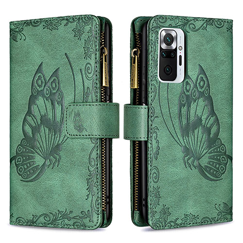 Leather Case Stands Butterfly Flip Cover Holder B03F for Xiaomi Redmi Note 10 Pro 4G Green