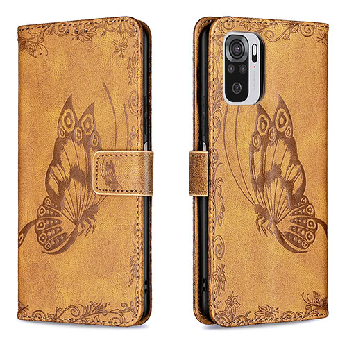 Leather Case Stands Butterfly Flip Cover Holder B03F for Xiaomi Redmi Note 10S 4G Brown