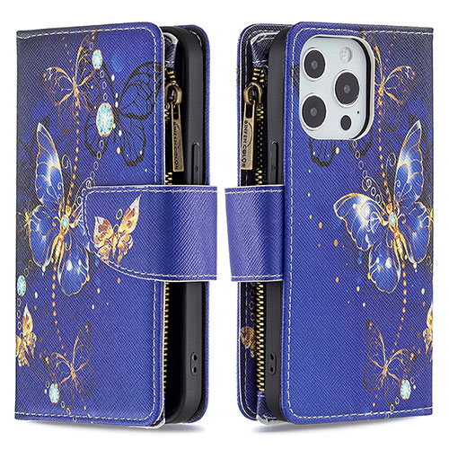 Leather Case Stands Butterfly Flip Cover Holder for Apple iPhone 14 Pro Max Navy Blue