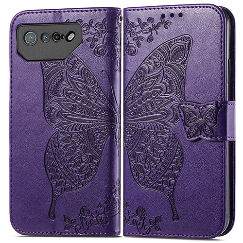 Leather Case Stands Butterfly Flip Cover Holder for Asus ROG Phone 7 Ultimate Purple