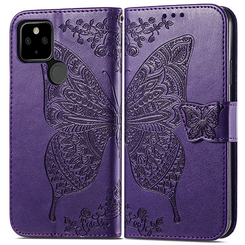 Leather Case Stands Butterfly Flip Cover Holder for Google Pixel 5a 5G Purple